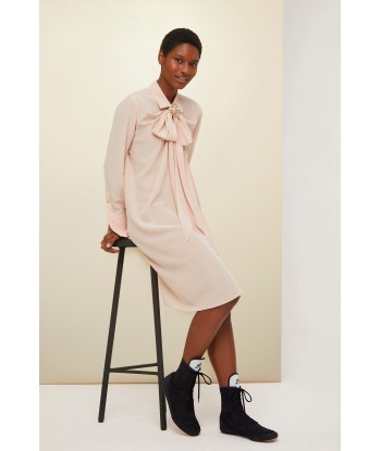 Pussy-bow mini silk shirtdress en stock