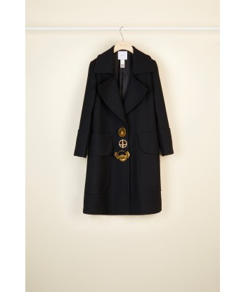 Brooch-embellished longline virgin wool coat livraison gratuite