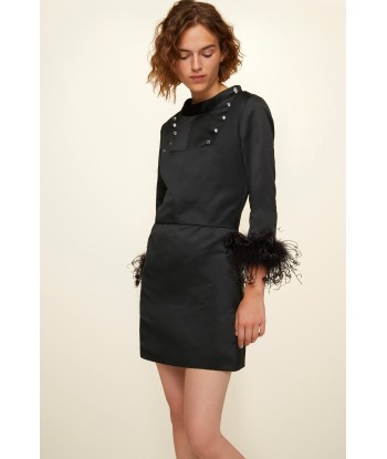 Feather-embellished satin dress outlet