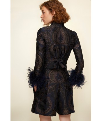 Feather-embellished silk brocade jacket Véritable concentré