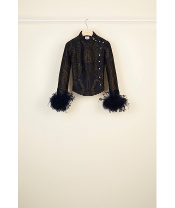 Feather-embellished silk brocade jacket Véritable concentré