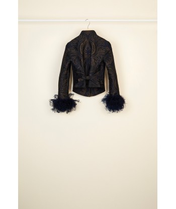 Feather-embellished silk brocade jacket Véritable concentré