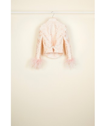 Feather-embellished silk brocade jacket la chaussure