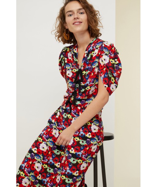 Bow-embellished floral ruched dress de technologie