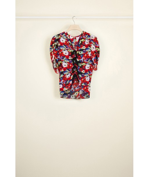 Bow-embellished floral ruched top destockage