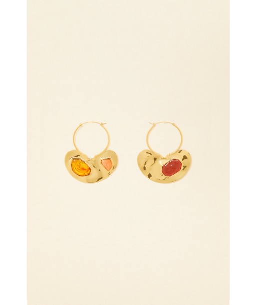 Small hammered brass and stone hoop earrings de l' environnement