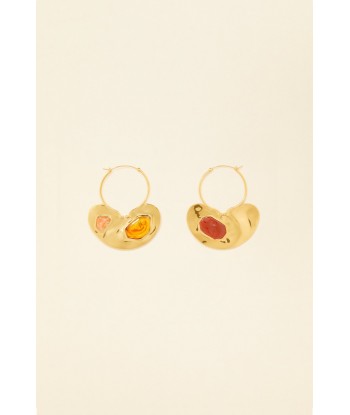 Small hammered brass and stone hoop earrings de l' environnement