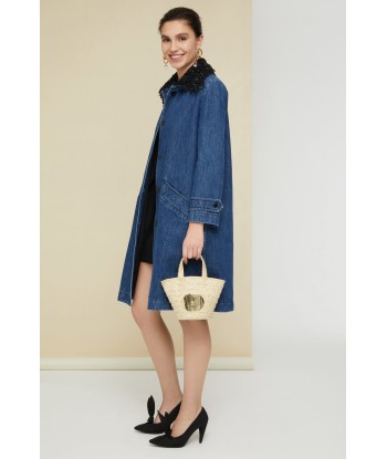 Jewelled collar denim overcoat la livraison gratuite