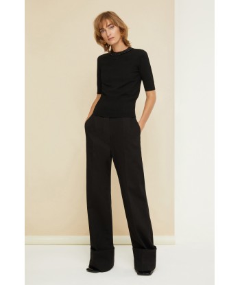 Cuffed wide-leg trousers in organic denim Paris Déstockage Promo