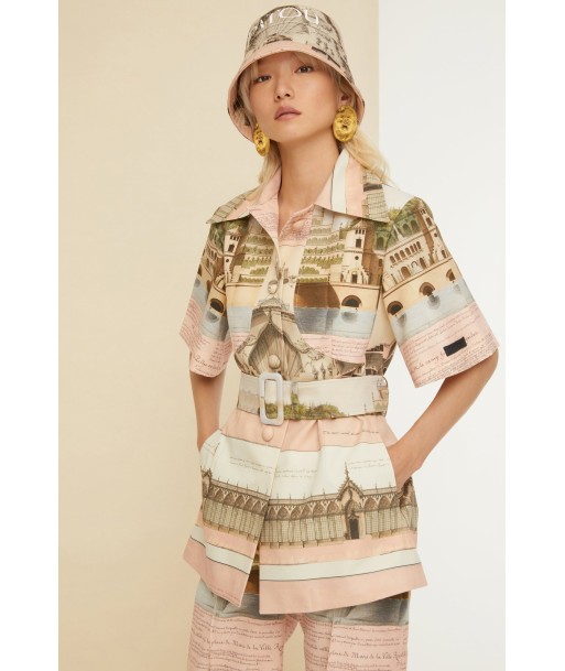 Belted short sleeve jacket in printed organic cotton and wool la livraison gratuite