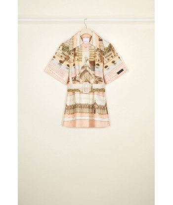 Belted short sleeve jacket in printed organic cotton and wool la livraison gratuite