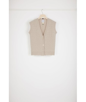 Sleeveless cable knit cardigan in Merino wool with detachable collar Profitez des Offres !