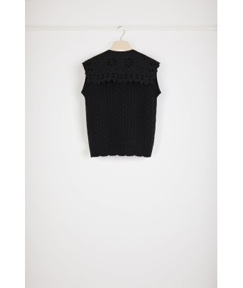 Sleeveless cable knit cardigan in Merino wool with detachable collar pas chere