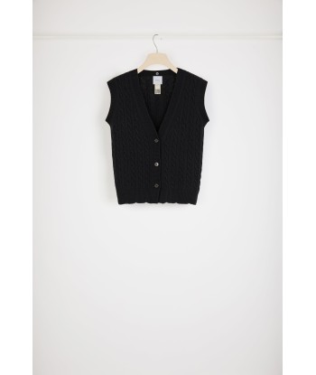 Sleeveless cable knit cardigan in Merino wool with detachable collar pas chere