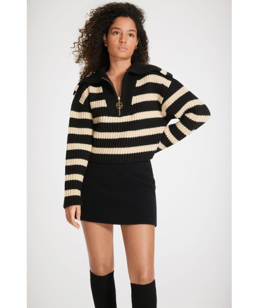 Striped zip-up collar rib knit jumper in Merino wool JUSQU'A -70%! 