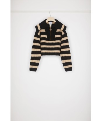 Striped zip-up collar rib knit jumper in Merino wool JUSQU'A -70%! 