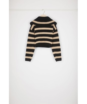 Striped zip-up collar rib knit jumper in Merino wool JUSQU'A -70%! 